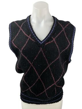 Colours 100% Wool Women's Black Argyle Sleeveless V Neck Sweater Vest Top Size M